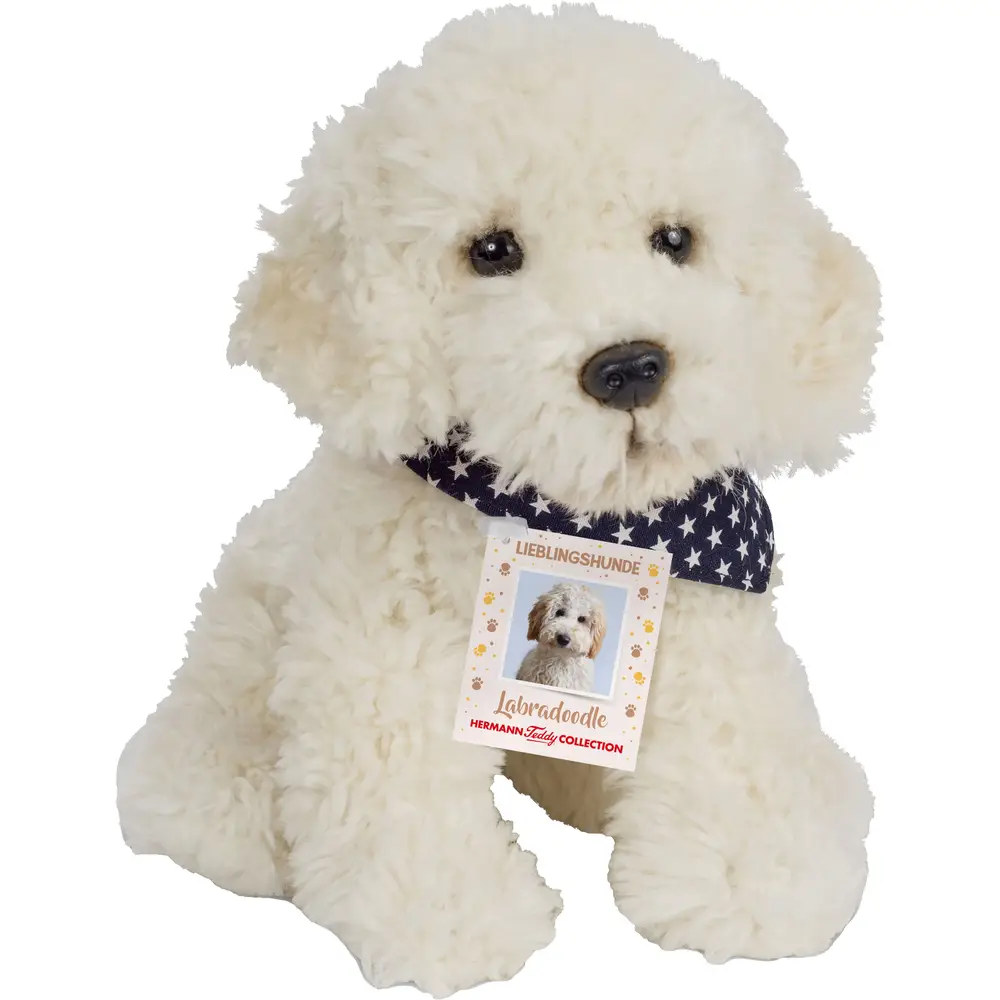 Hermann Teddy, un Labradoodle de peluche sentado, de 28 cm de altura.