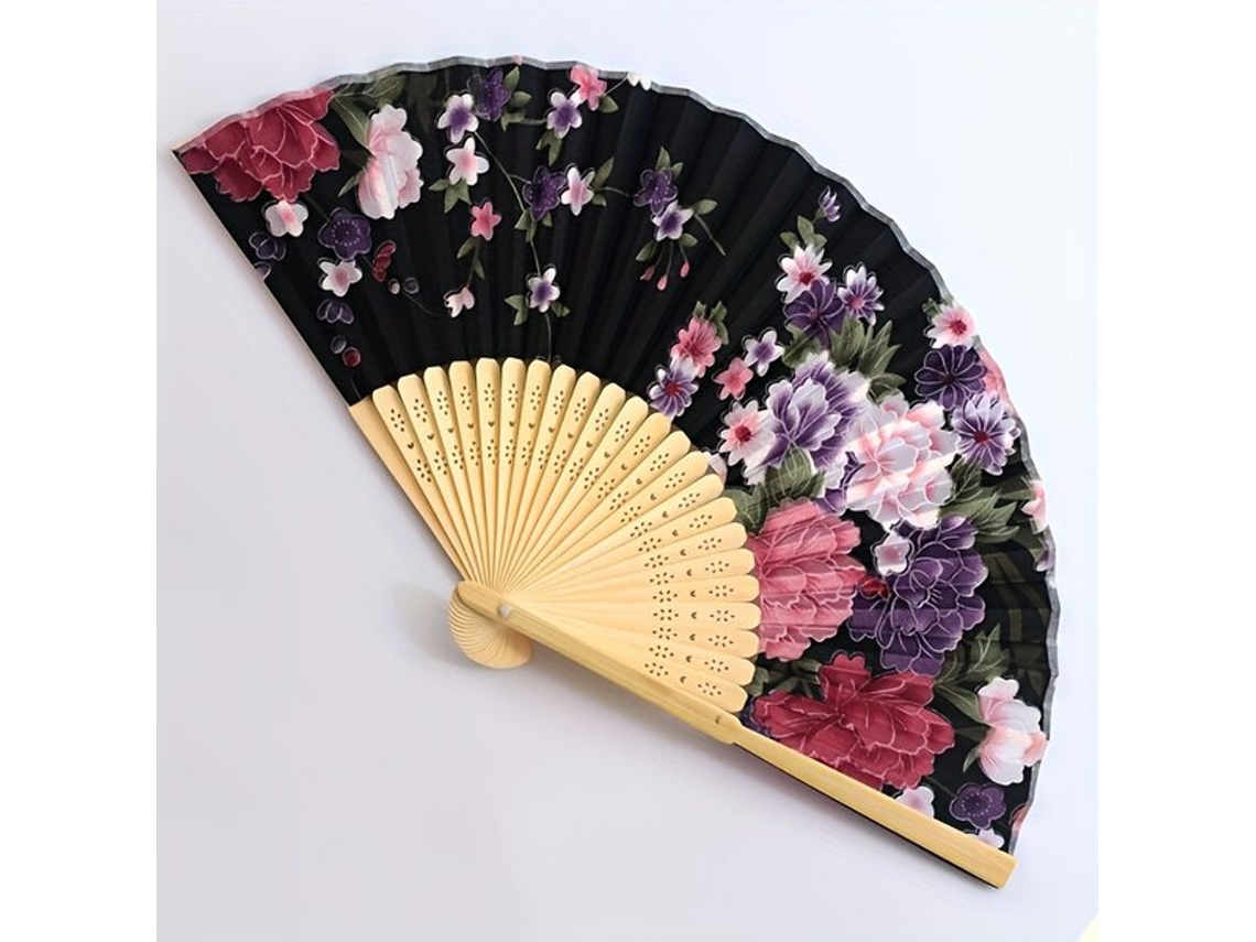 Abanico plegable con estampado floral y varillas de madera. Vayotoy