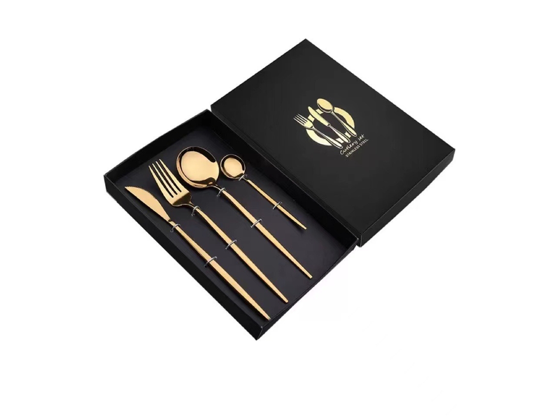 Juego de cubiertos de acero inoxidable MDUG con cuchillo, tenedor y cuchara, acabado dorado (4 piezas)