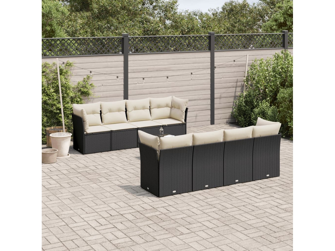 Conjunto de sofá de jardín de 9 piezas con cojines, ratán negro, Dkd Home Decor