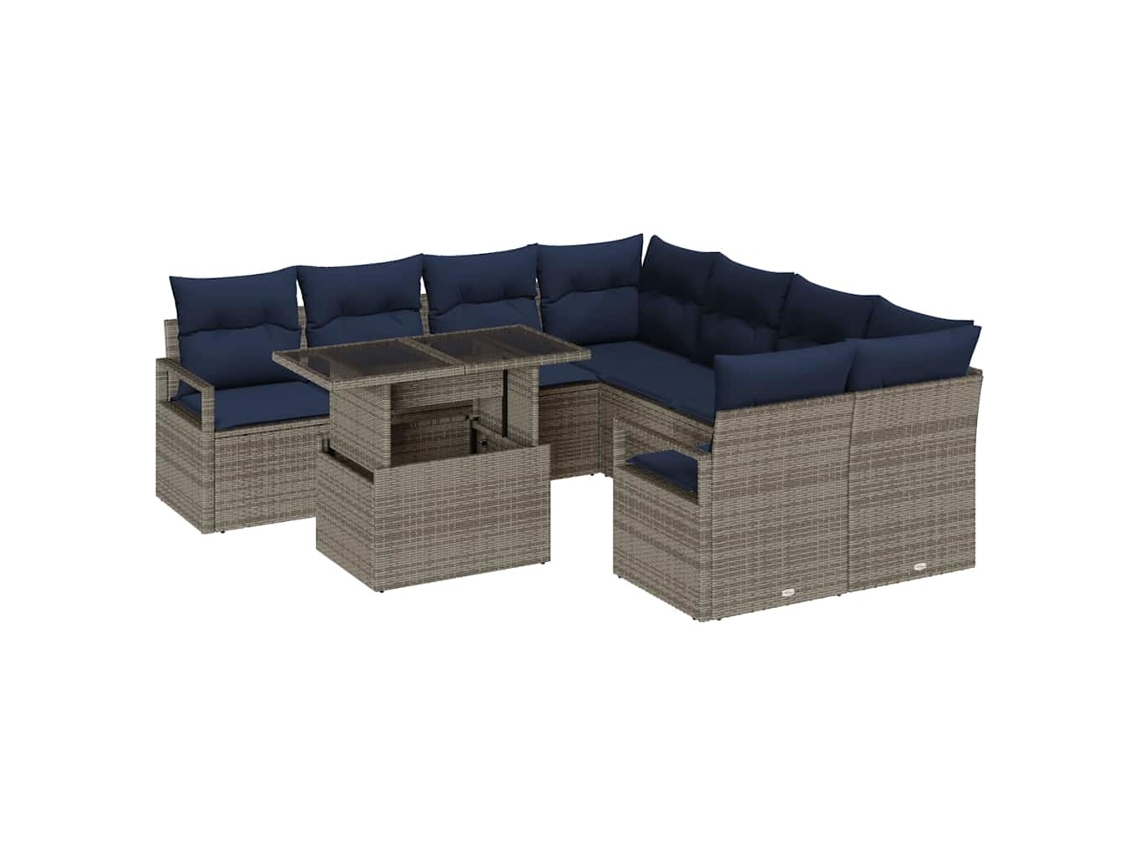 Maison Exclusive - Juego de sofás de jardín de 9 piezas, gris y azul marino, mimbre, Pe