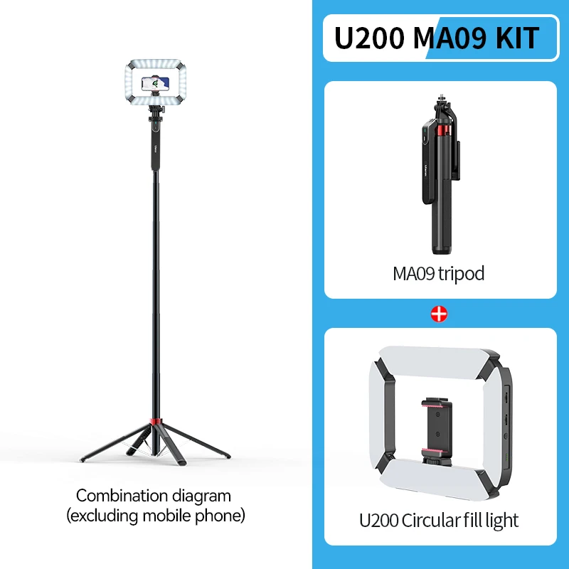 Kit de trípode para selfies U200 de 1,8 m con control remoto y cabezal panorámico, compatible con iPhone 16/15 y teléfonos Android