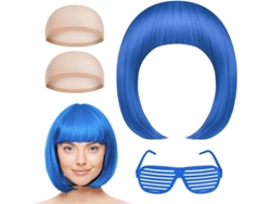 Conjunto De 4 Pelucas Cortas Azules Estilo Bob Con Gafas Y Linterna, Accesorio Neón Para Fiestas De Disfraces Y Cosplay.