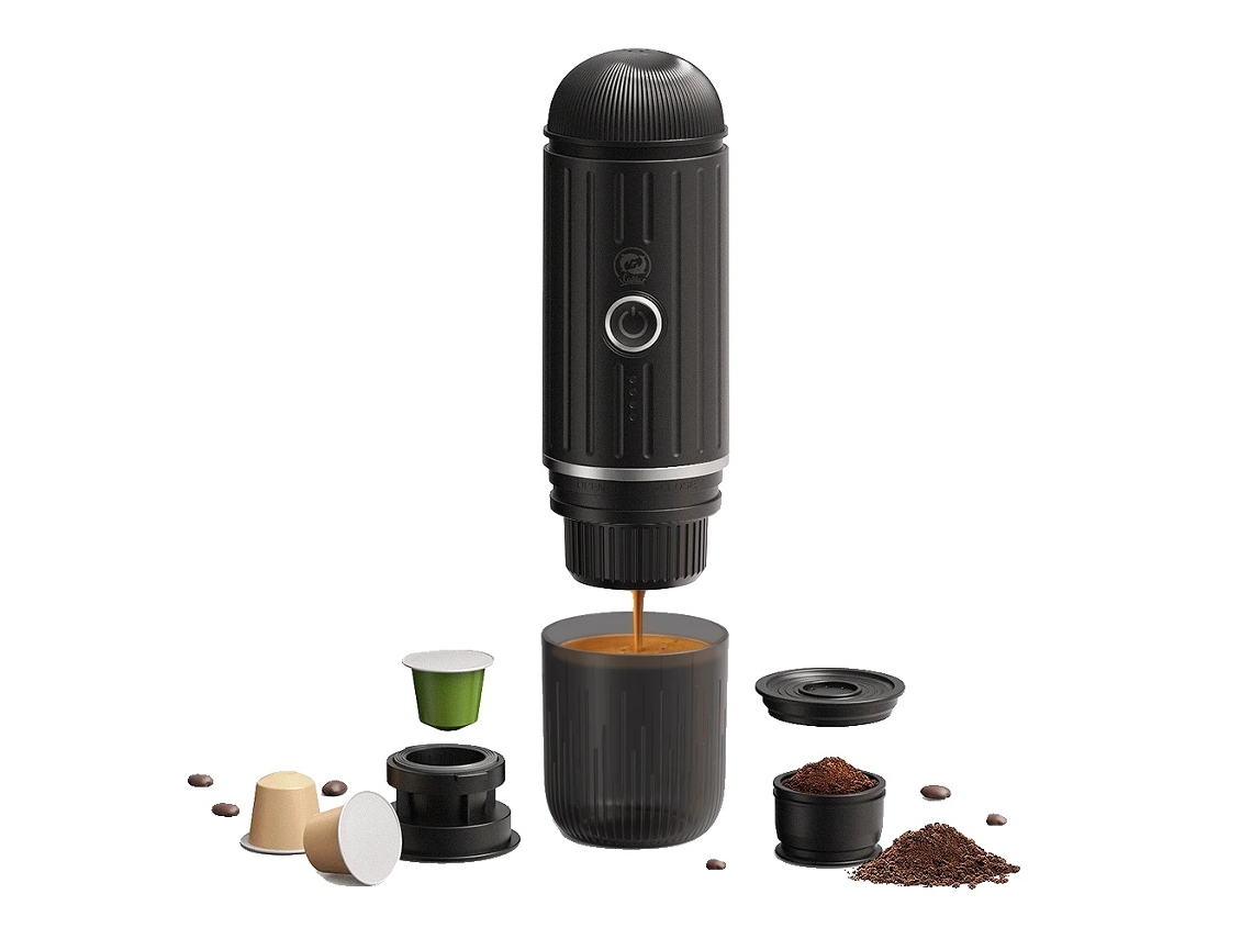 Cafetera espresso portátil, diseño ideal para viajes, funcionamiento en dos modos, color negro.