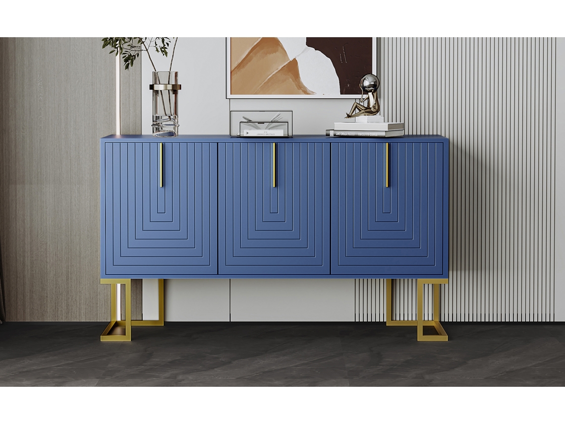 Aparador moderno con estantes ajustables, 3 puertas con patrón en U, tiradores y base de metal azul.