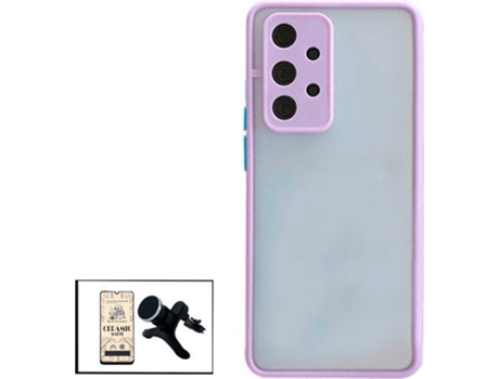 Kit Funda Antichoque, Cristal Templado CeramicGlass Full Cover y Soporte Magnético Reforzado de Coche Samsung Galaxy M32 5G PHONECARE Lila
