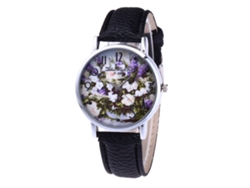 Reloj De Pulsera Casual Para Mujer Zhoulianfa Con Estampado Floral Y Correa De Cuero Negro.