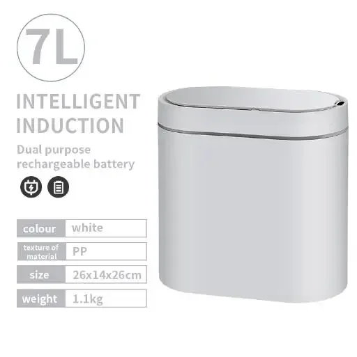 Basurero USB Recargable (blanco, 7L), con Sensor Automático, Ideal para Baños.