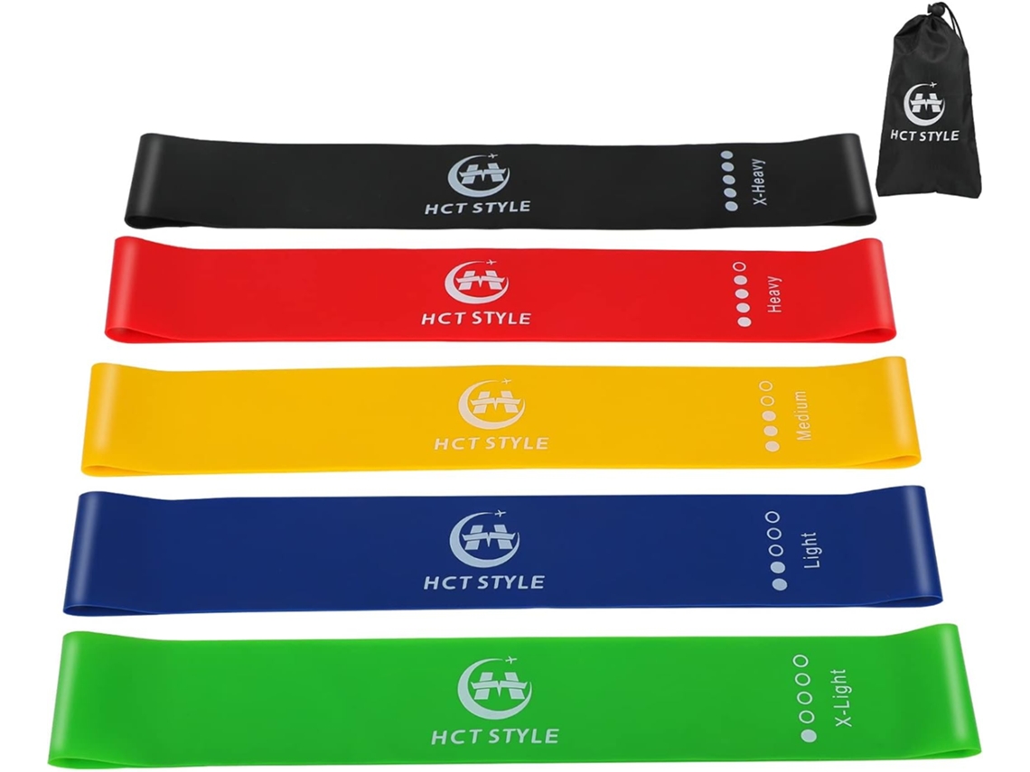 Juego de 5 bandas elásticas para fitness para yoga y pilates con guía de entrenamiento y bolsa de almacenamiento HCT STYLE