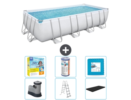 Piscina BESTWAY Rectangular Power Steel - 549 x 274 x 122 - Gris - Incluida bomba - Escalera - Cobertor Paquete de mantenimiento - Filtrar - Baldosas