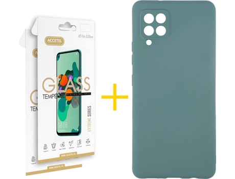Carcasa y 2 Protectores de Pantalla de Vidrio Samsung A42 5G ACCETEL Silicona Líquida Verde