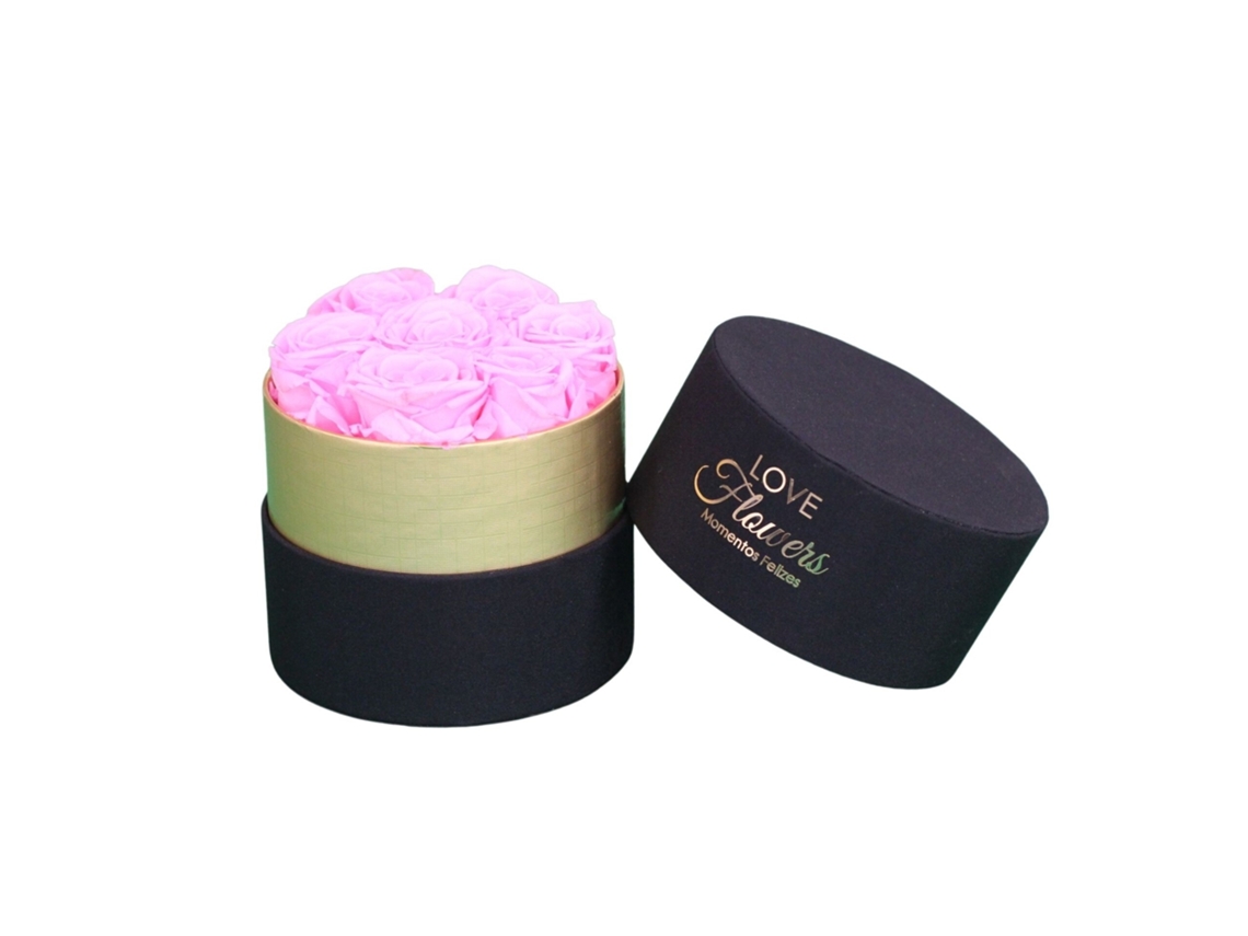 7 rosas naturales preservadas de color rosa claro LOVE Flowers - Colección Gold Circle Rose
