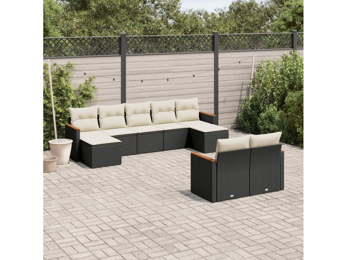 Conjunto de sofá de jardín de 9 piezas con cojines, ratán negro, Dkd Home Decor