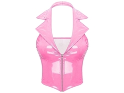 Top corto ajustado de piel sintética para mujer con escote en V profundo y espalda descubierta, rosa, talla L