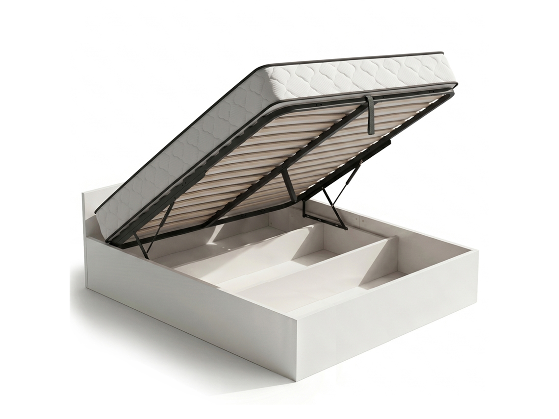 Cama Con Canapé Abatible 160x200 Cm Somier Elevable De Metal Y Colchón De Muelles Blanco