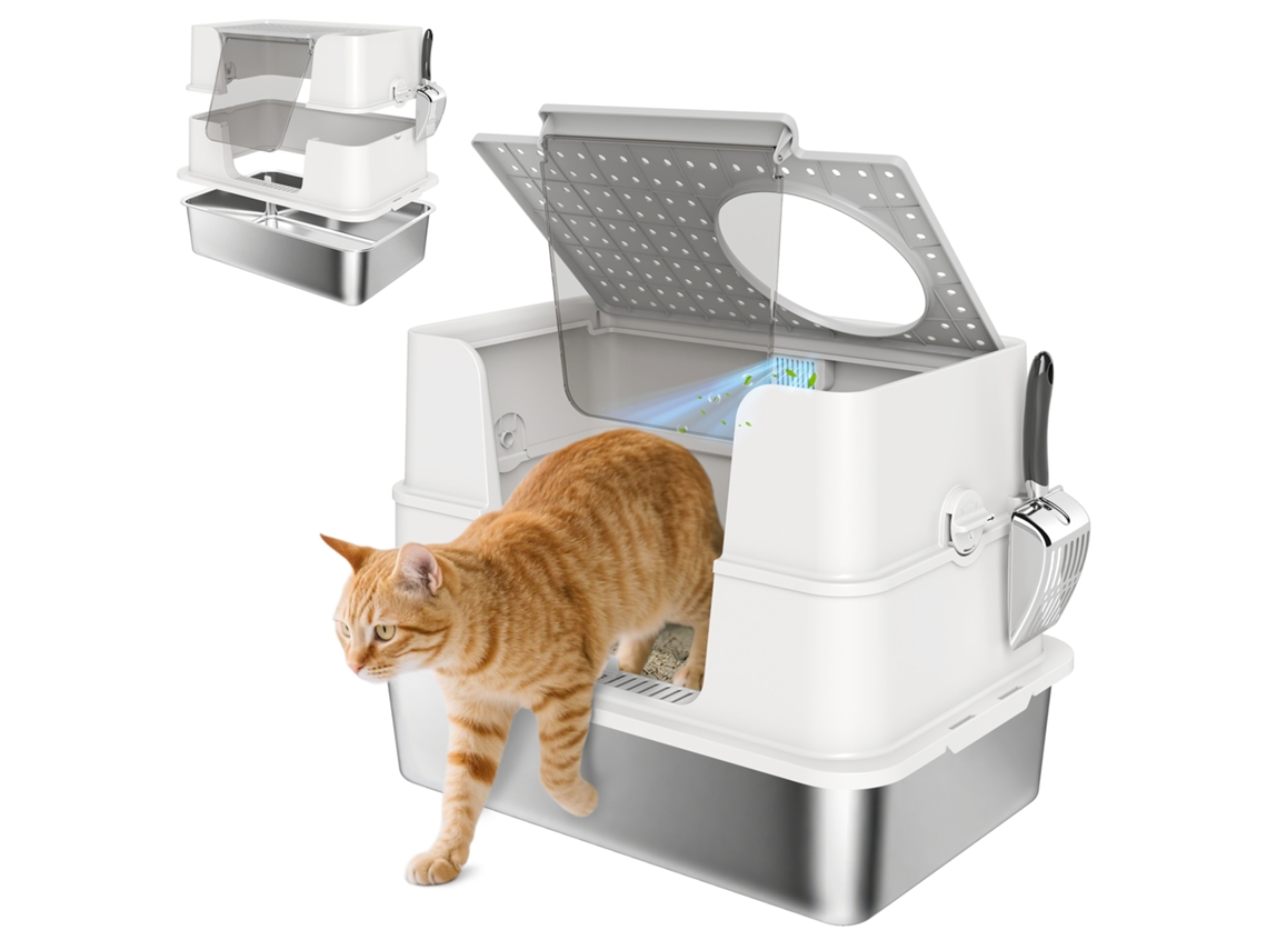 Caixa Areia Gatos Xl Inox Tampa Alta Pá Cinza Claro