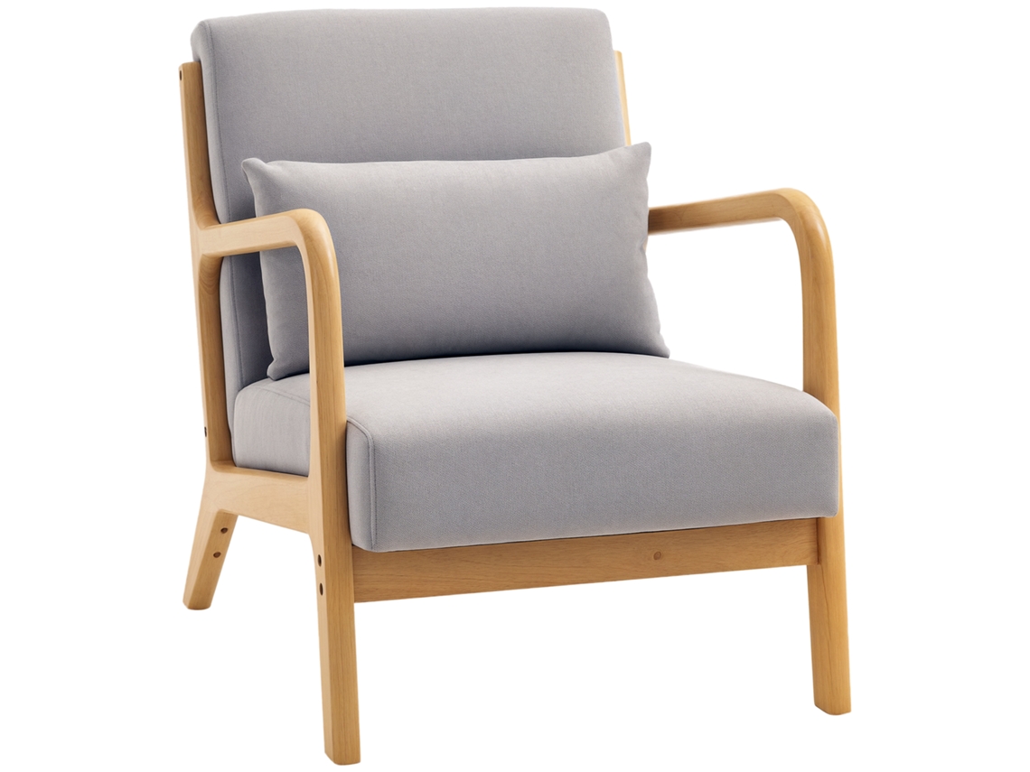 Poltrona Sala Nórdica Acolchoada Apoio Braços Madeira Borracha 61x78x76cm Cinza
