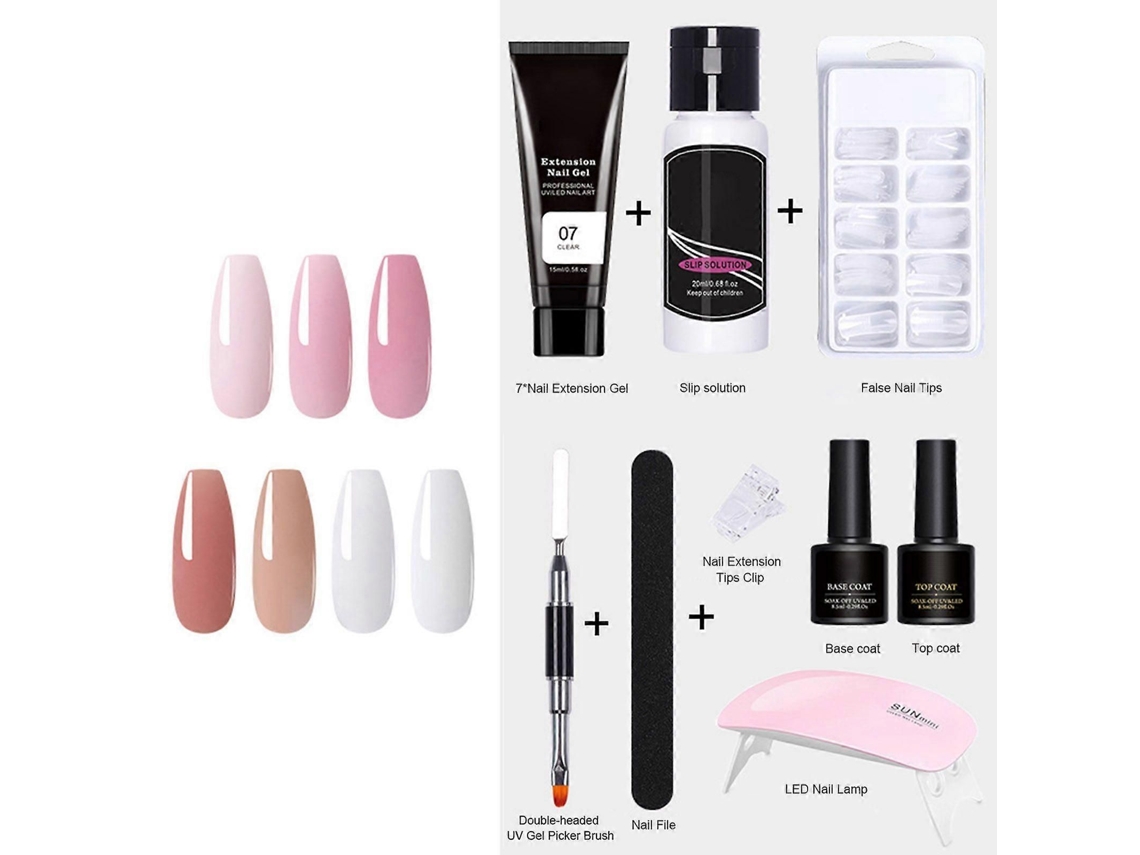 Kit de gel para extensión de uñas con mini lámpara UV, pincel, puntas postizas, clip, base y capa P para empezar con el arte GOKOCO