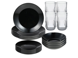 Vajilla San Ignacio Negra, 12 piezas, 4 vasos de vidrio transparente (380 ml)