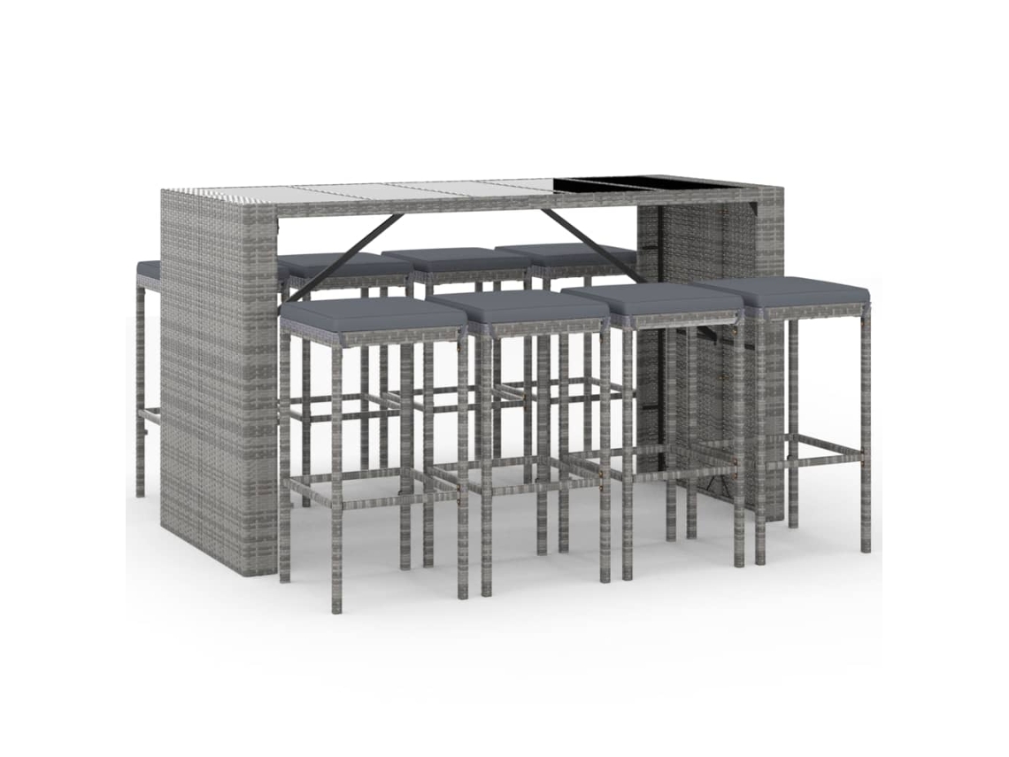 Maison Exclusive - Mesa Y Taburetes Altos Jardín 9 Pzas Y Cojines Ratán Pe Gris