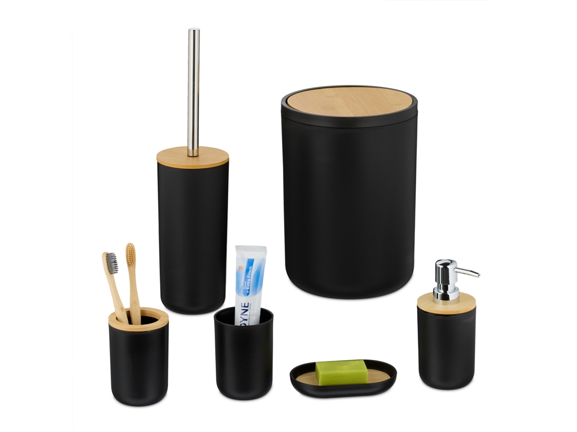 Relaxdays Set Accesorios Baño, 6 Piezas, Juego Completo Utensilios Aseo, Kit Wc, Plástico Y Bambú, Negro Y Natural