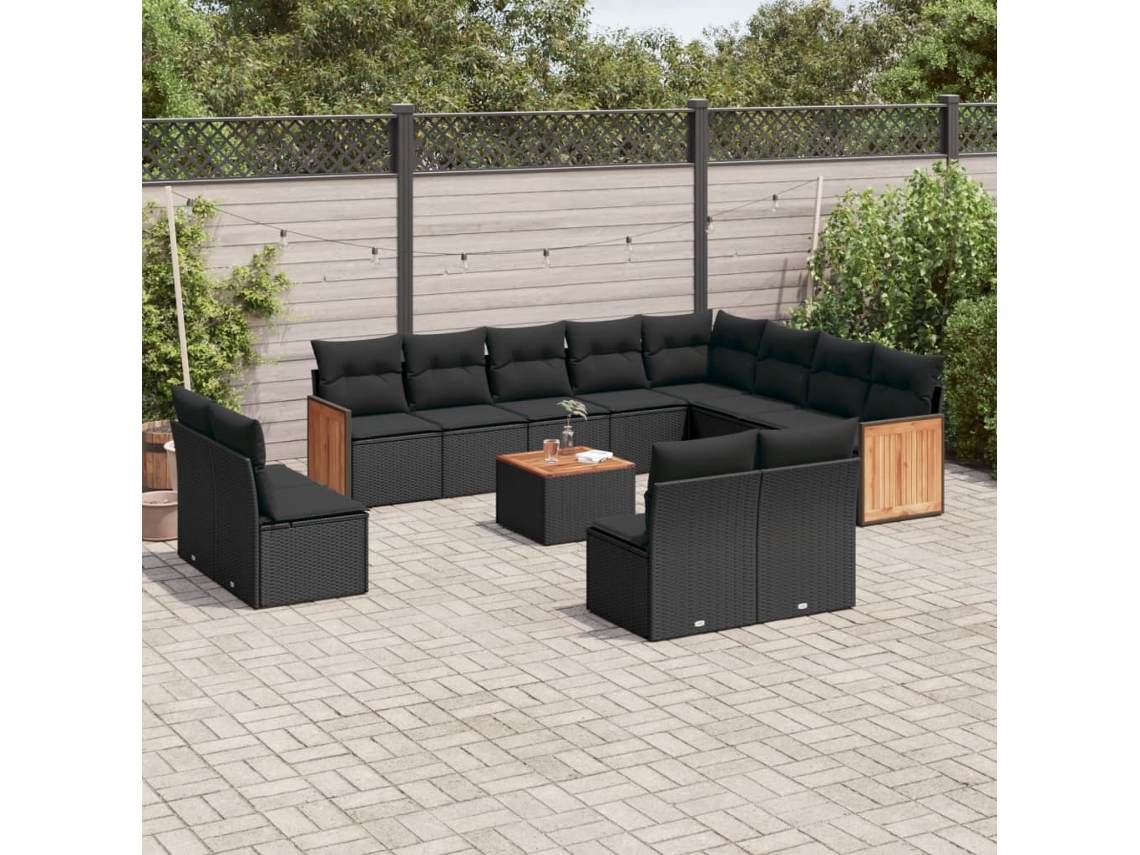 Conjunto de sofá de jardín de 13 piezas con cojines de mimbre sintético negro, Dkd Home Decor