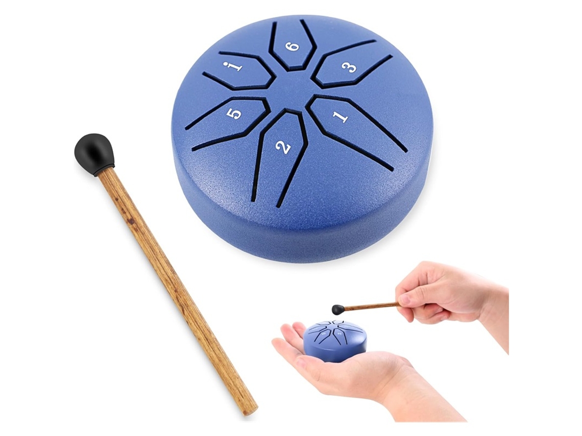 Tambor de lengüetas infantil, acero, 7,6 cm, 6 notas, tonalidad de Do, azul