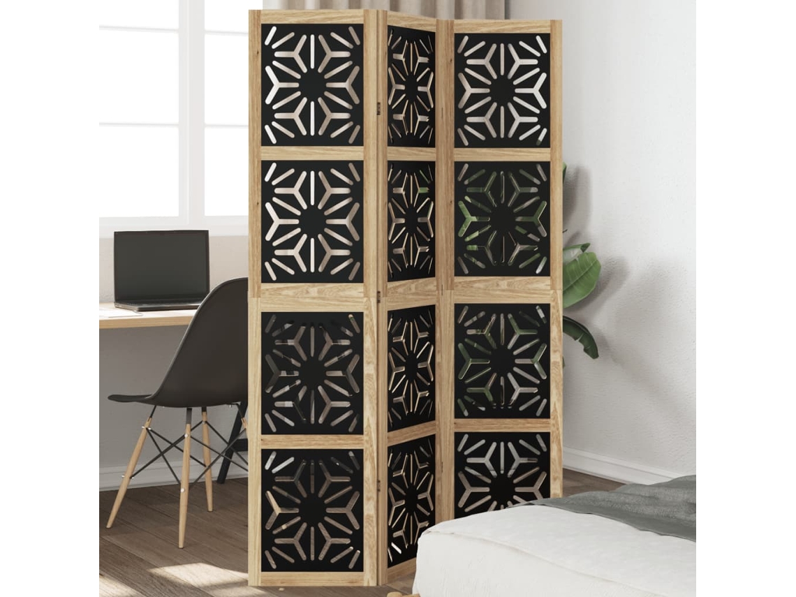 Biombo Separador | Separador De Ambientes 3 Paneles Madera Maciza Paulownia Marrón Negro
