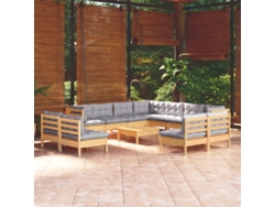 Conjunto de salón de jardín de 12 piezas con cojines grises en pino macizo DKD Home Decor