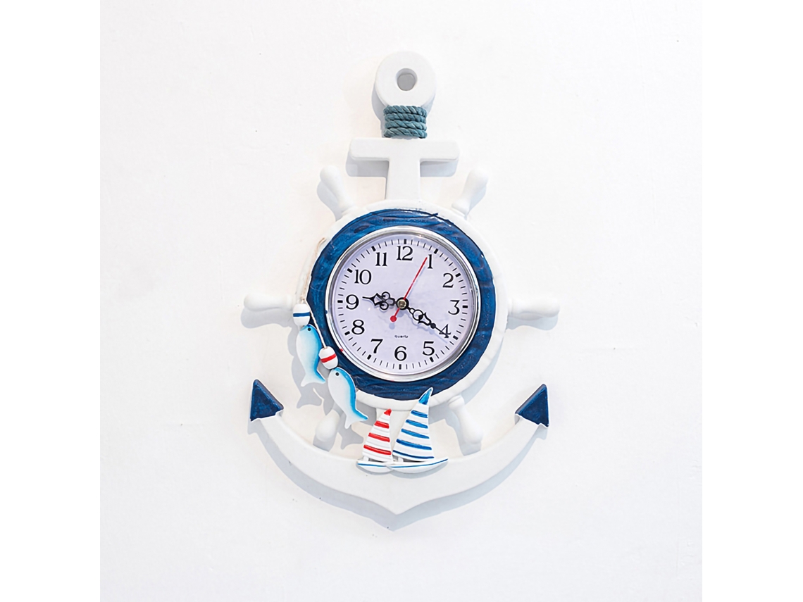 Reloj de pared Baok en azul y blanco de estilo náutico con diseño de barco, decoración personalizada, 34x23cm para oficina o dormitorio.