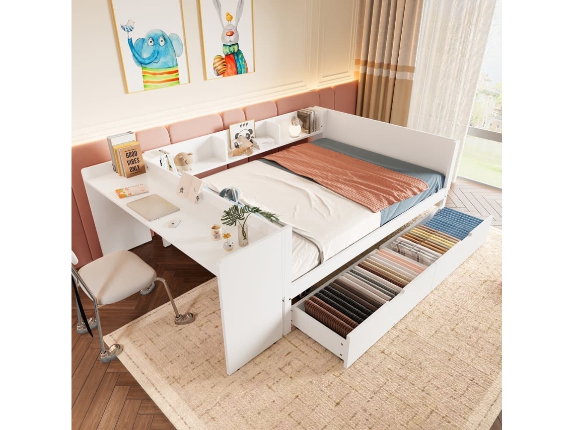 Cama De Madera 140x200cm - Con Escritorio, 2 Cajones, Estantes, Sin Colchón - Blanca