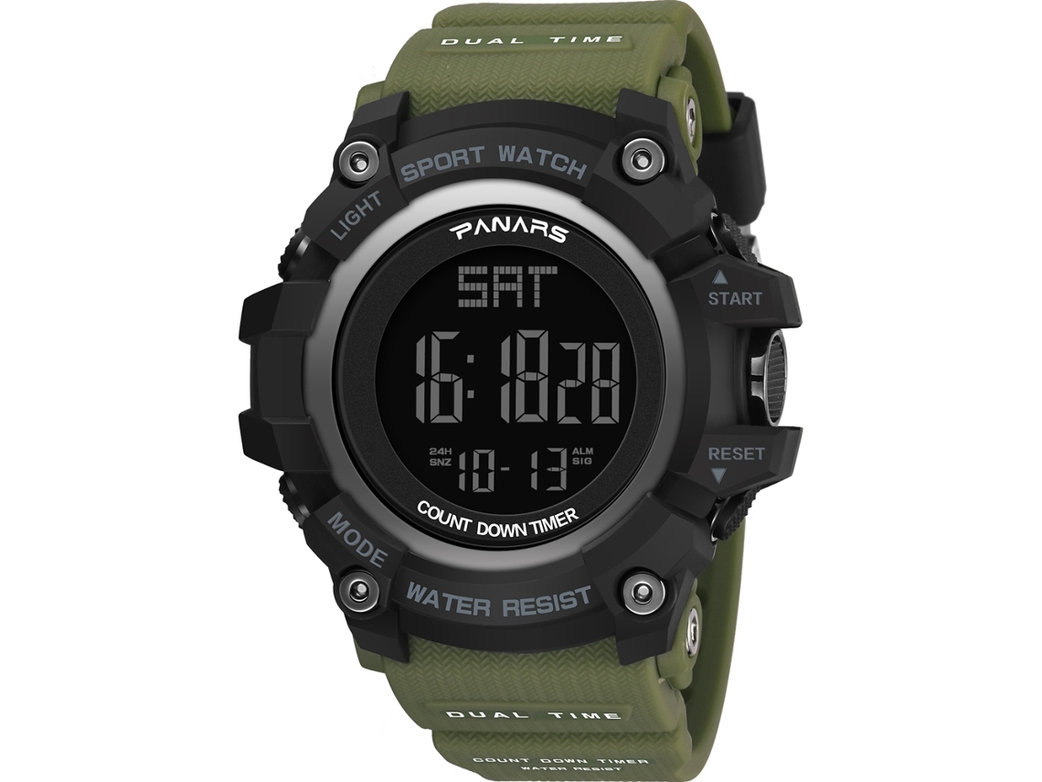 Reloj Deportivo Hombre Panars Luminoso Impermeable Con Doble Hora Y Calendario Verde Ejército