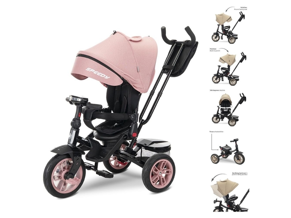 Triciclo Evolutivo Speedy Air com Rodas Giratórias, Assento Giratório 360º e Capota Rosa LORELLI