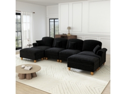 Sofá modular de 4 plazas en forma de U en chenilla con brazos cónicos y faldón extraíble, además de pufs y mobiliario, negro, MOBRIO