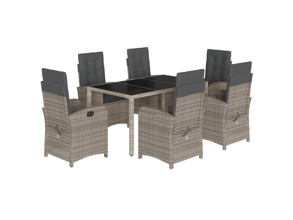 Juego de 7 piezas de comedor de jardín con cojines de mimbre, gris, EXCLUSIVA MAISON