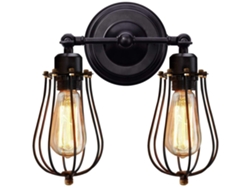 Lámpara de pared de estilo industrial vintage 2026 con jaula de hierro, aplique de doble cabezal.