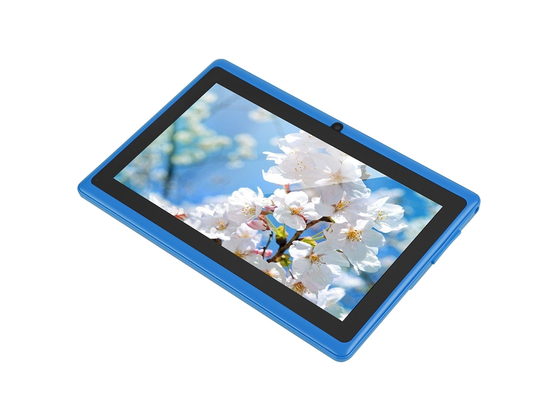 Tableta Android compacta de 7 pulgadas, 8 GB de ROM, Wi-Fi, Bluetooth, cámara dual, color azul claro y dorado.