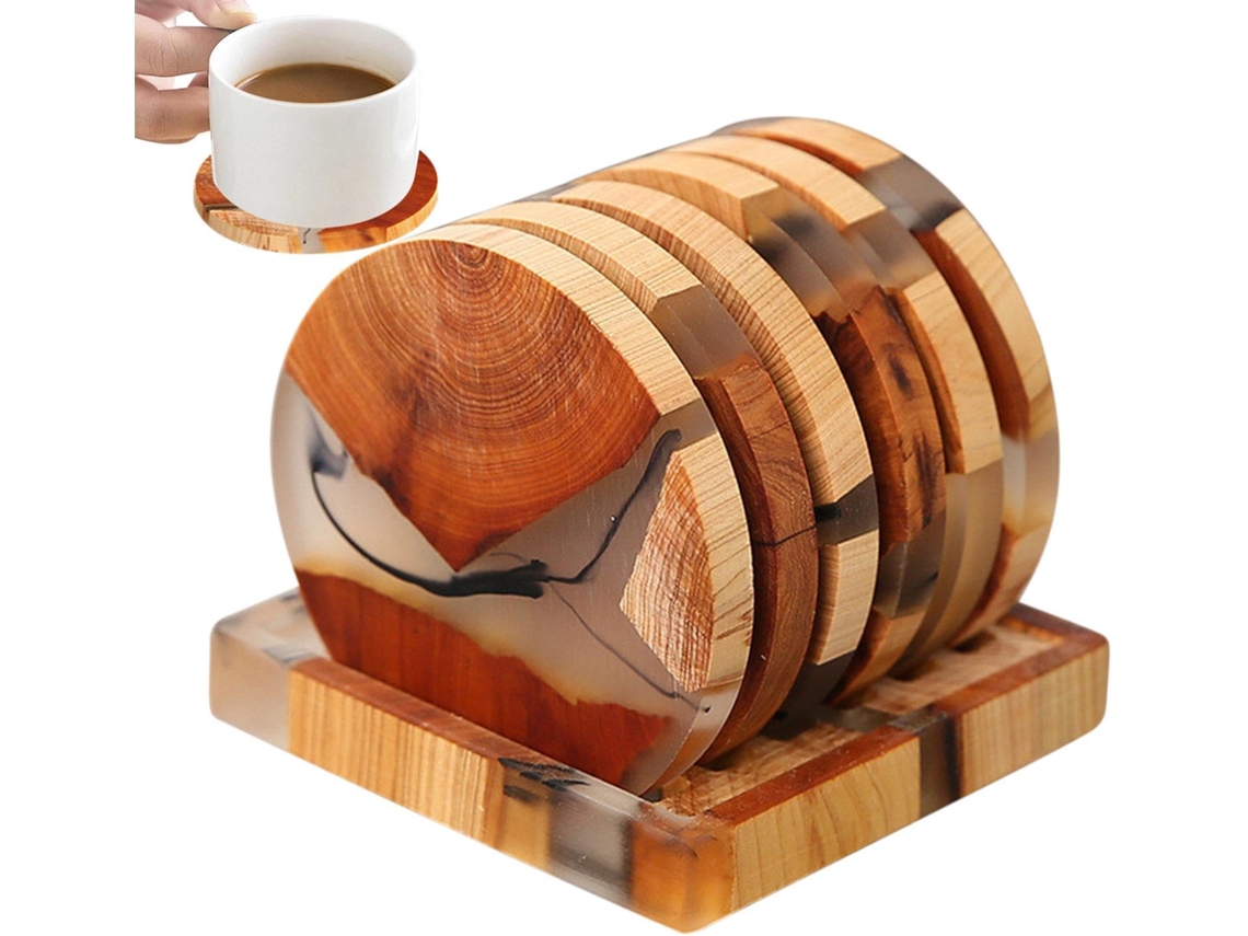 Juego de 6 posavasos con portavasos de resina y madera | Porta Co Gokoco