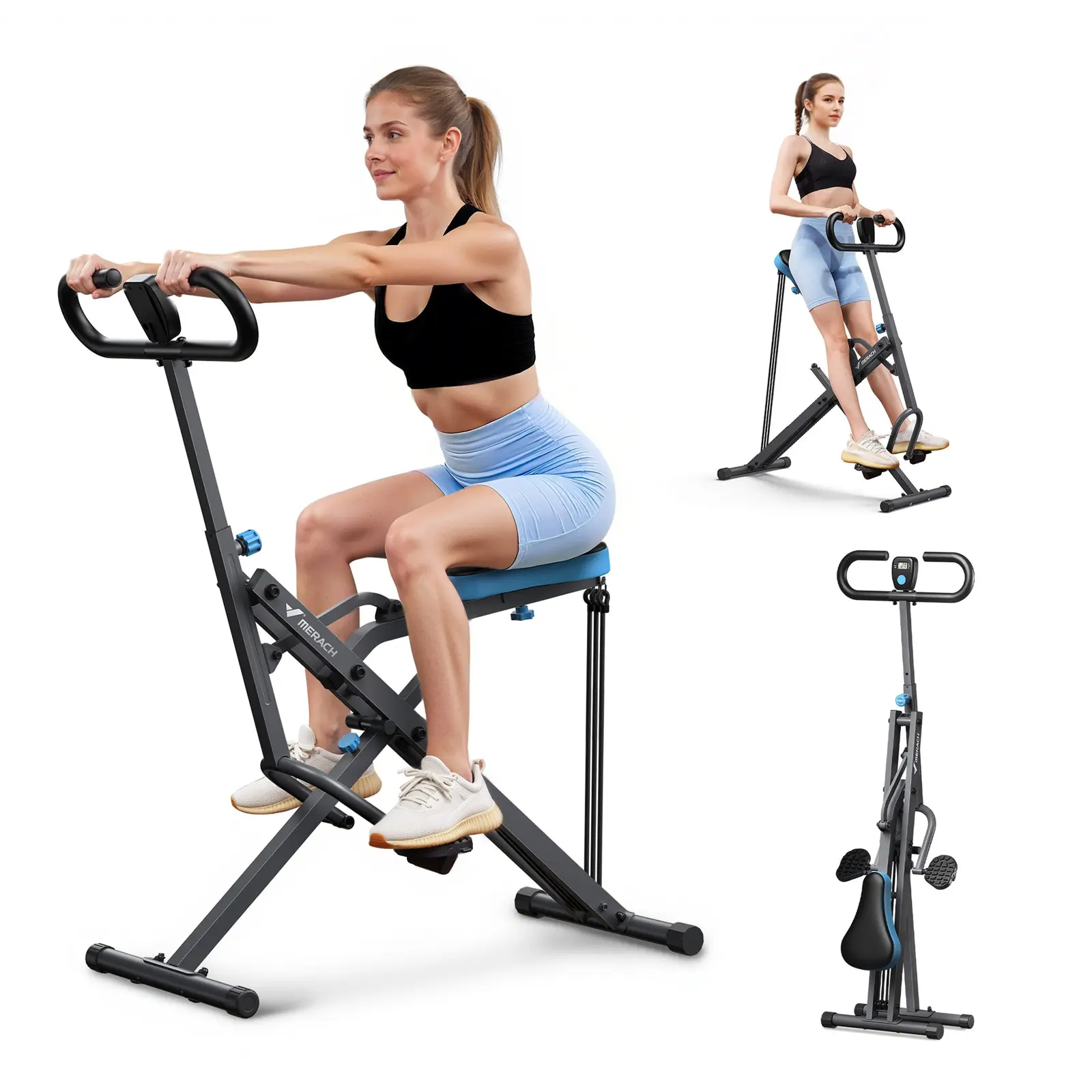 Máquina de Remo y Sentadillas MERACH, Resistencia Ajustables, LCD, Diseño Compacto, Fácil Instalación, Máx. 160 kg, Ejercicio Completo, Gris