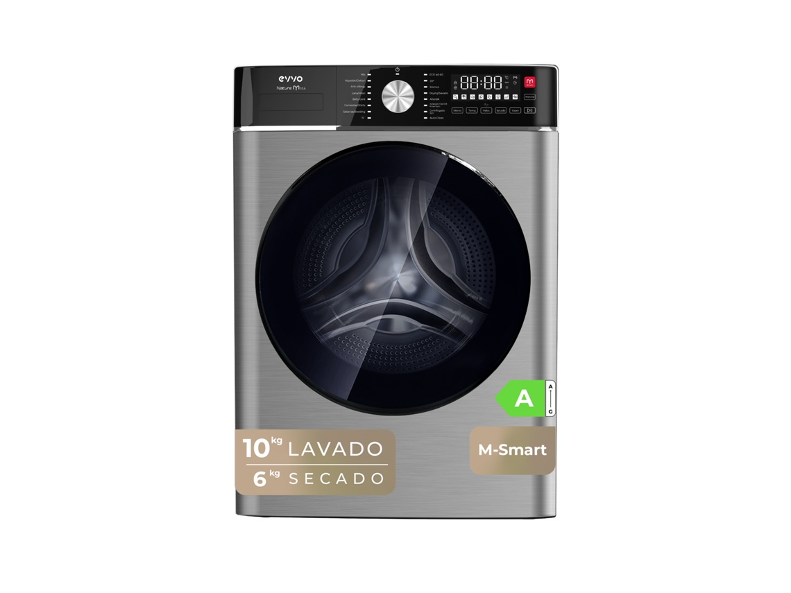 Lavadora-secadora Evvo de 1 kg + 6 kg, carga frontal, Nature M1/6, 14 rpm, motor BLDC, M-Smart, acero inoxidable.