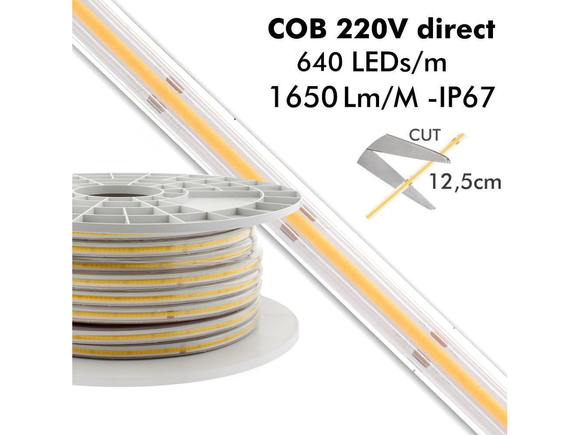 Tira Led LEDBOX 220V COB, 288Led/m, carrete 50 metros con conectores rápidos, 50cm corte, Violeta