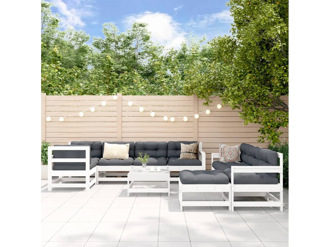 Conjunto 10pcs Lounge Jardim C/almofadões Madeira Maciça Branco Dkd Home Decor