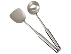 Juego de utensilios de cocina de acero inoxidable con mango largo y ergonómico y diseño de gancho que ahorra espacio.