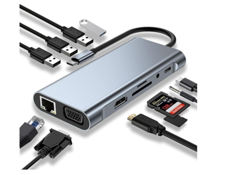 Adaptador Usb C 11 En 1 Con Puerto 4K-Hdmi Vga Usb 3.0 Pd Tipo C Ethernet Rj45 3,5 Mm Aux Lector De Tarjetas Sd/Tf Gris BISBISOUS