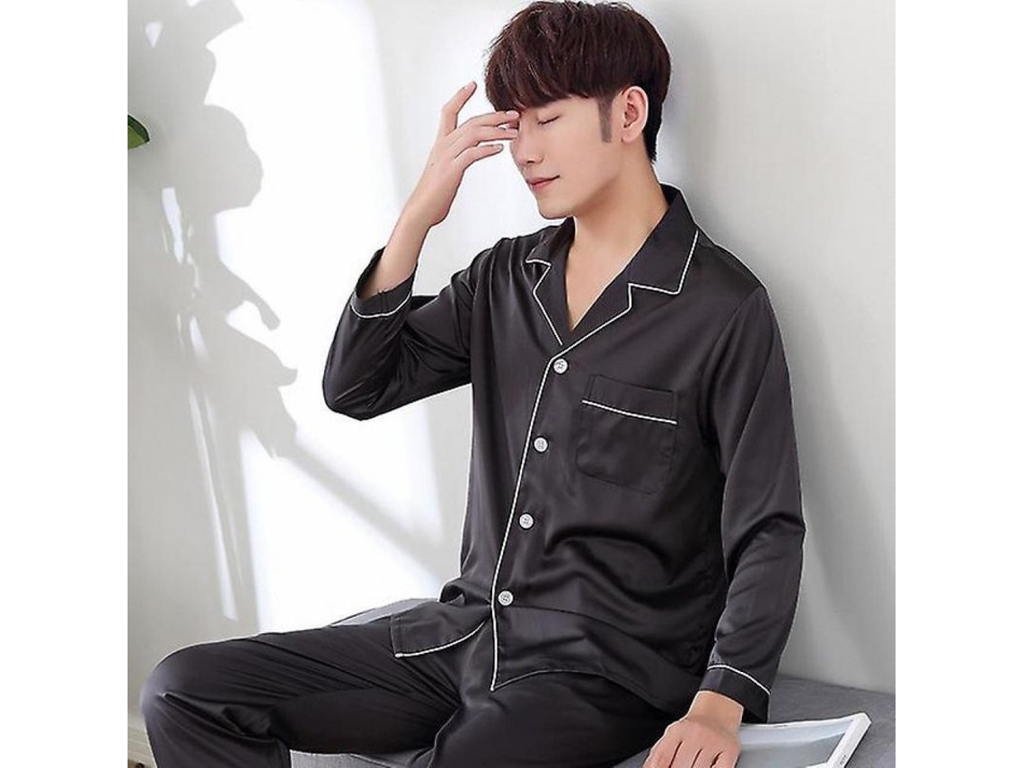 2026-conjunto De Pijamas De Seda Negra Para Hombre Mangas Largas Talla L Xl Xxl Xxxl Verano L Pijama De Hombre Negro