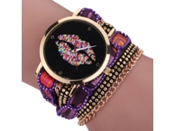 Reloj De Pulsera Para Mujer Con Correa Multicapa, Estilo Étnico, Esfera Con Diseño De Labios, Negro Y Morado.