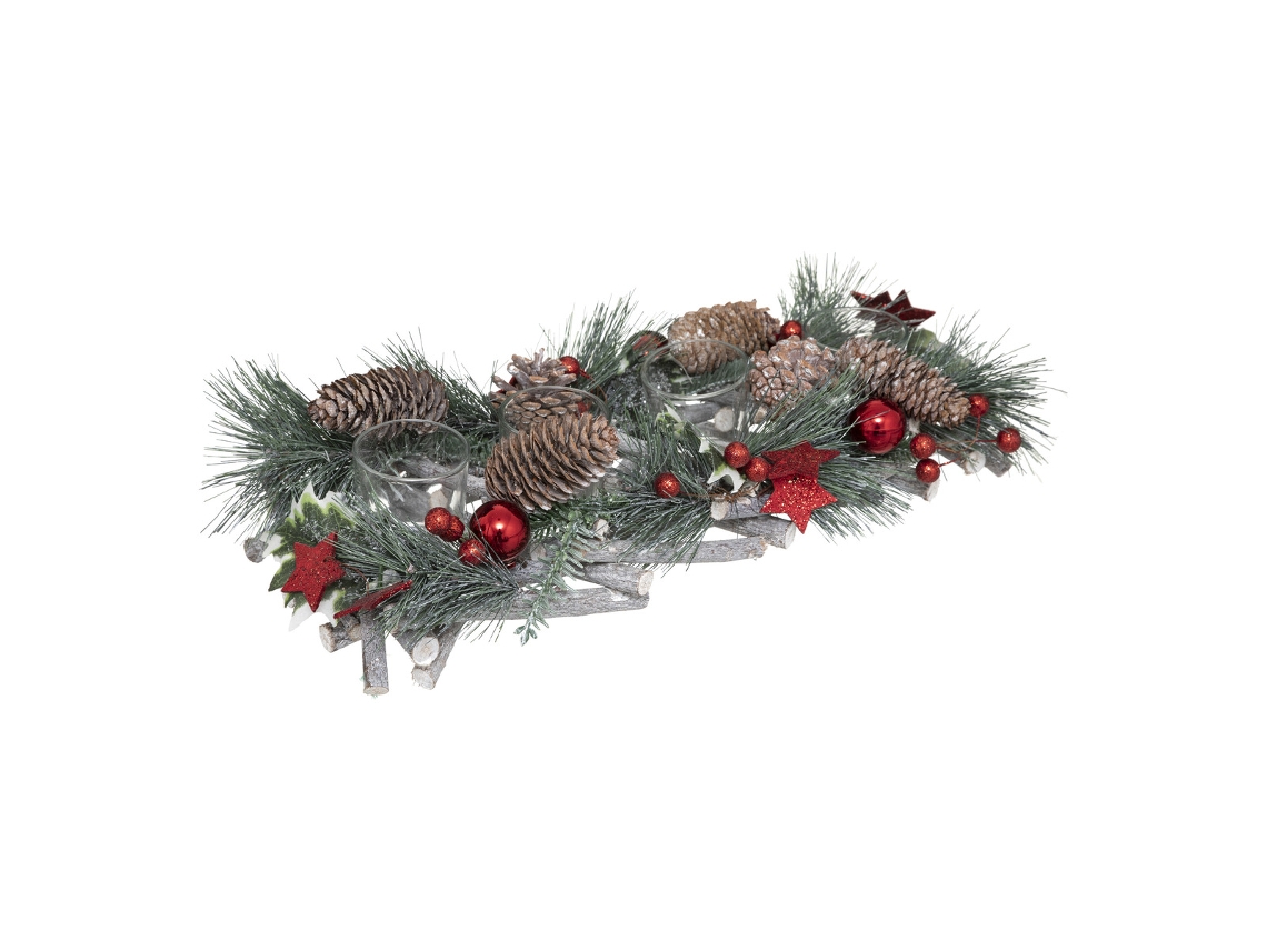 Centro de mesa nature 4 velas rojo 39x14cm - FEERIC LIGHTS & CHRISTMAS