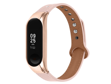 Correa de piel auténtica con doble remache de oro rosa para Xiaomi Mi Band 5/6 - color rosa pálido