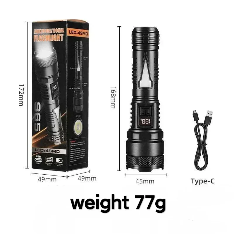 Linterna LED de largo alcance con luz lateral, superbrillante, recargable por USB, resistente al agua, ideal para exteriores. Aeuzwr