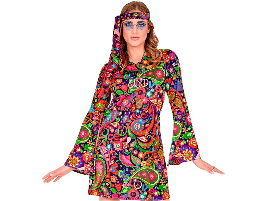 Disfraz de Chica Hippie en vestido psicodélico para mujer